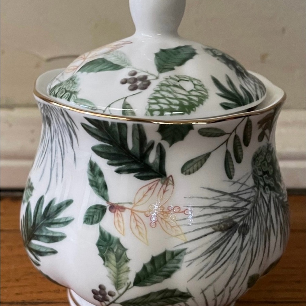 Vintage Elegance Sugar Jar Christmas Pine Cones Green and White
